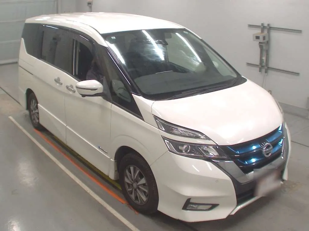 Pearl White Nissan Serena E-Power 2019 Highway Star with sleek LED headlights and chrome-accented grille at Mundiya International Kenya.